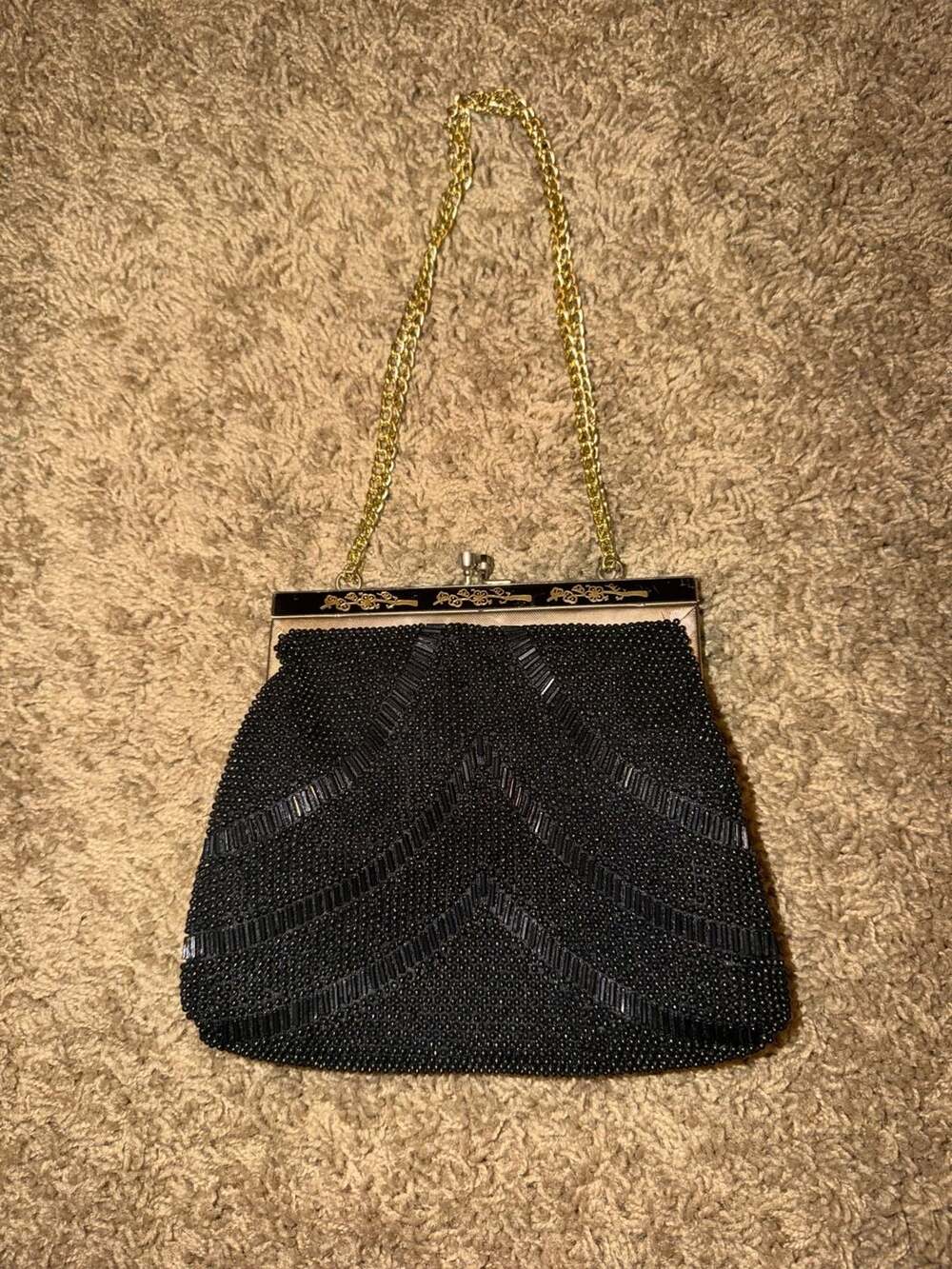 Vintage Magid Black Beaded Evening Bag Gold Chain Clasp